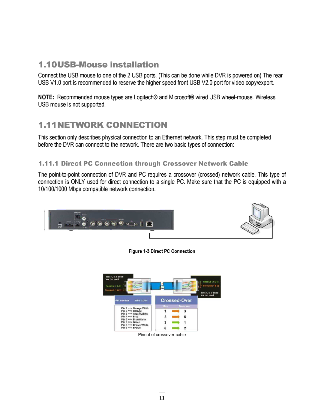 EverFocus ECOR264-4F1 10USB-Mouse installation, 11NETWORK Connection, Direct PC Connection through Crossover Network Cable 