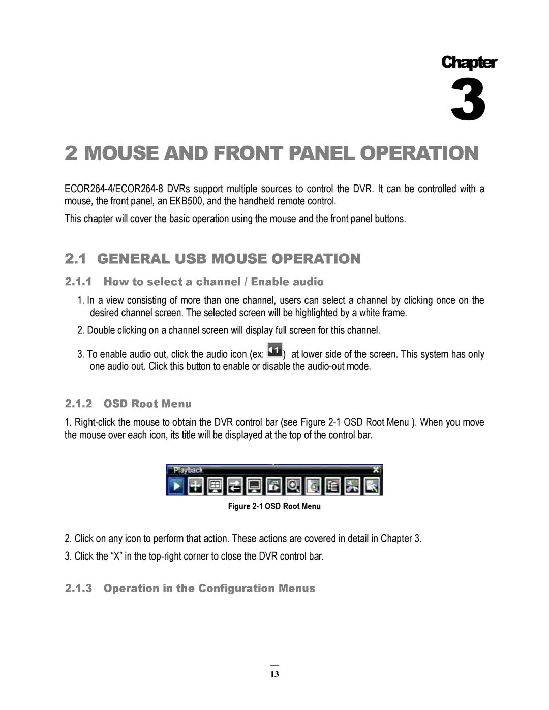 EverFocus ECOR264-8D1, ECOR264-8F1 General USB Mouse Operation, How to select a channel / Enable audio, OSD Root Menu 