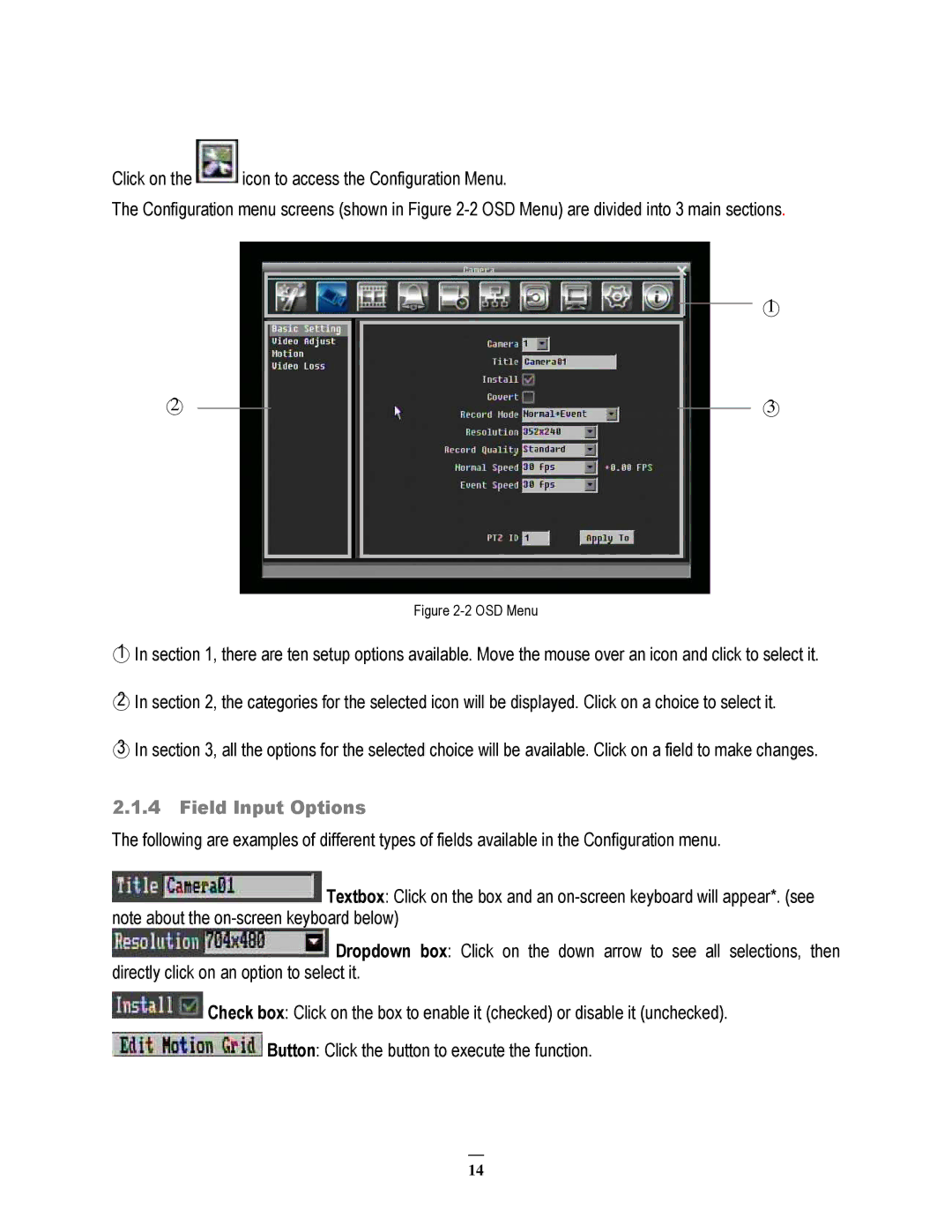 EverFocus ECOR264-4D1, ECOR264-8F1, ECOR264-8D1, ECOR264-4F1 user manual Field Input Options, OSD Menu 