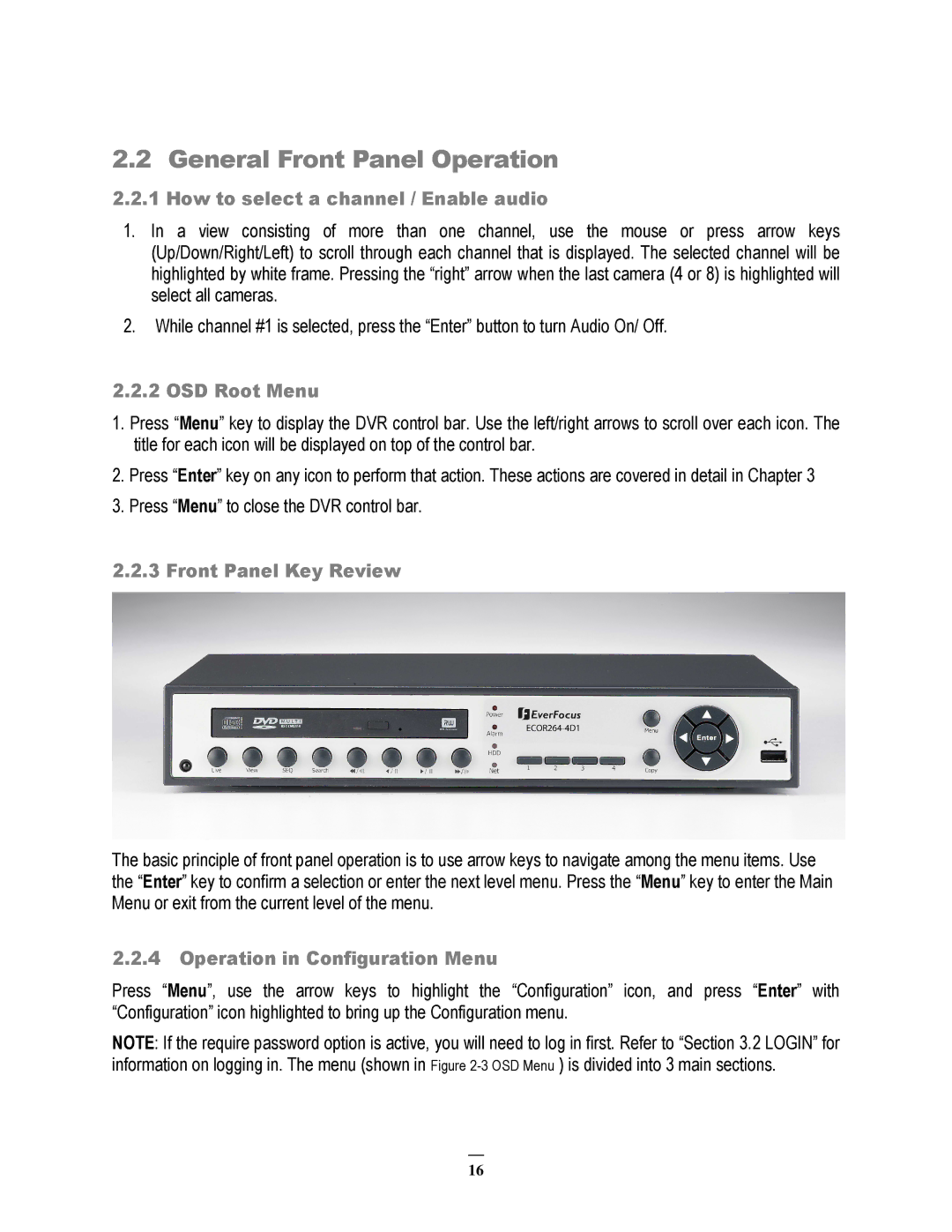 EverFocus ECOR264-8F1, ECOR264-8D1 General Front Panel Operation, Front Panel Key Review, Operation in Configuration Menu 