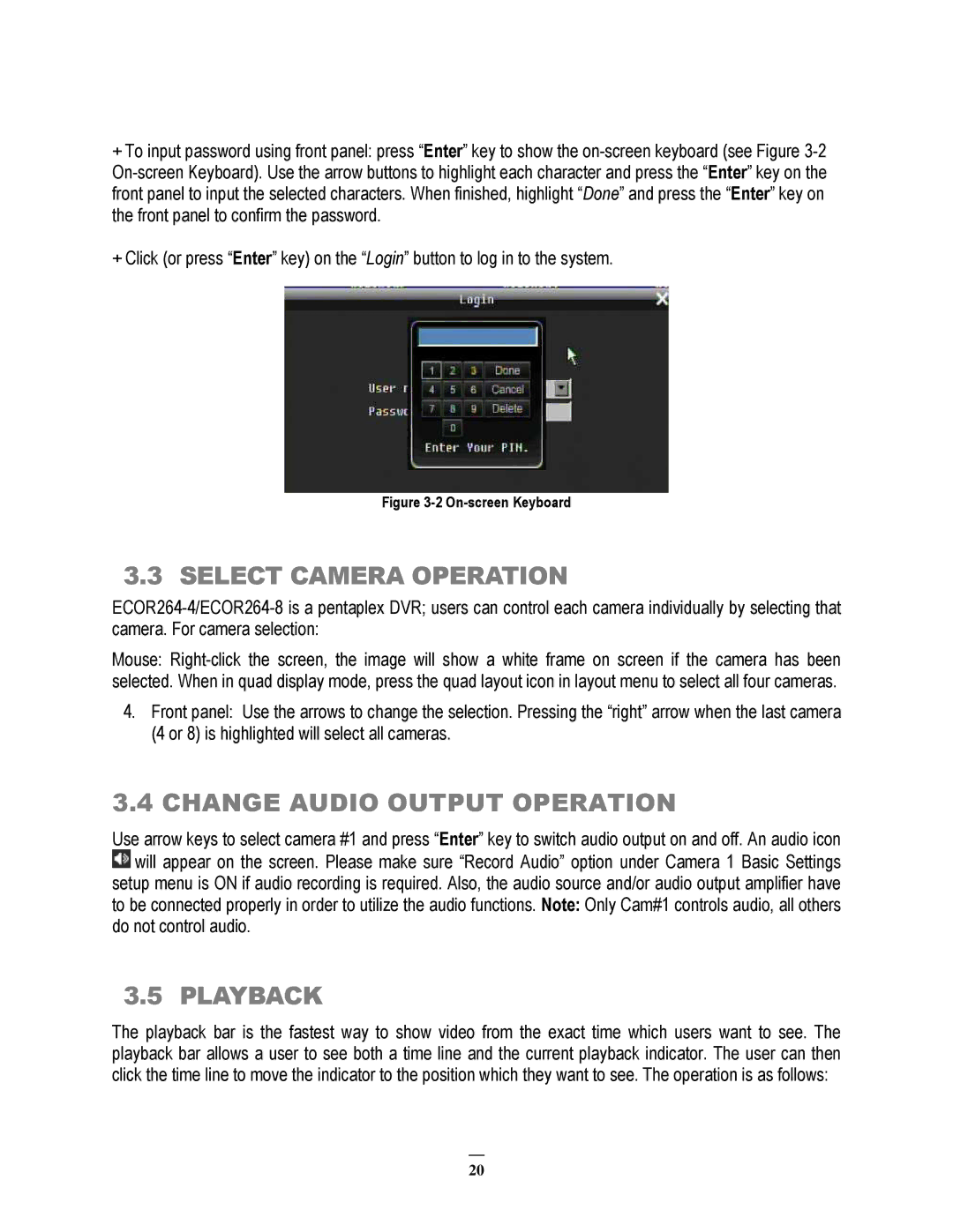 EverFocus ECOR264-8F1, ECOR264-8D1, ECOR264-4D1 user manual Select Camera Operation, Change Audio Output Operation, Playback 