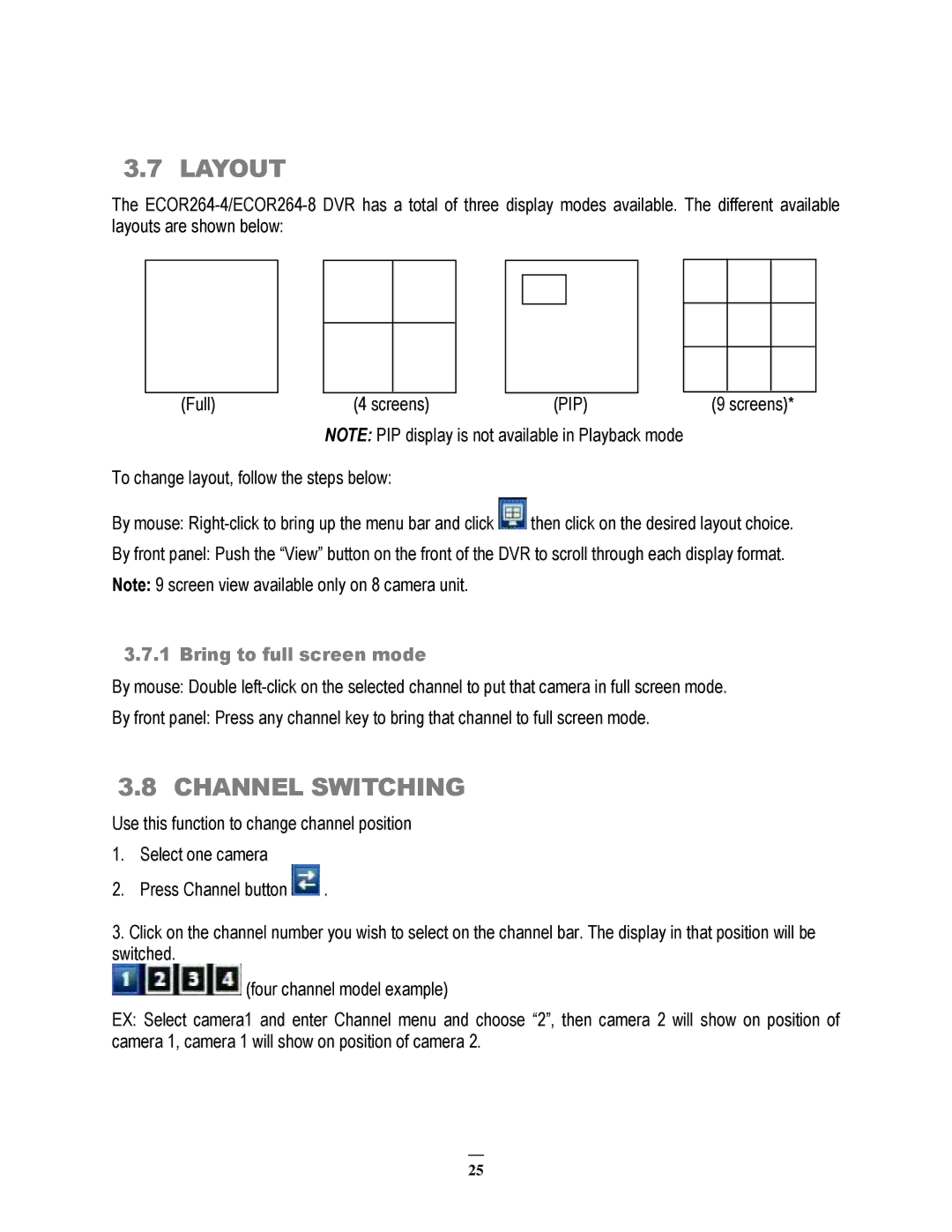 EverFocus ECOR264-8D1, ECOR264-8F1, ECOR264-4D1, ECOR264-4F1 user manual Layout, Channel Switching, Bring to full screen mode 