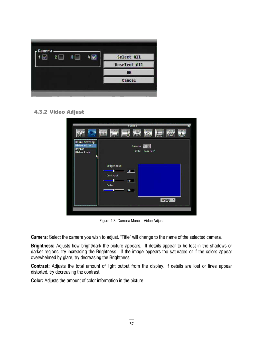 EverFocus ECOR264-8D1, ECOR264-8F1, ECOR264-4D1, ECOR264-4F1 user manual Camera Menu Video Adjust 