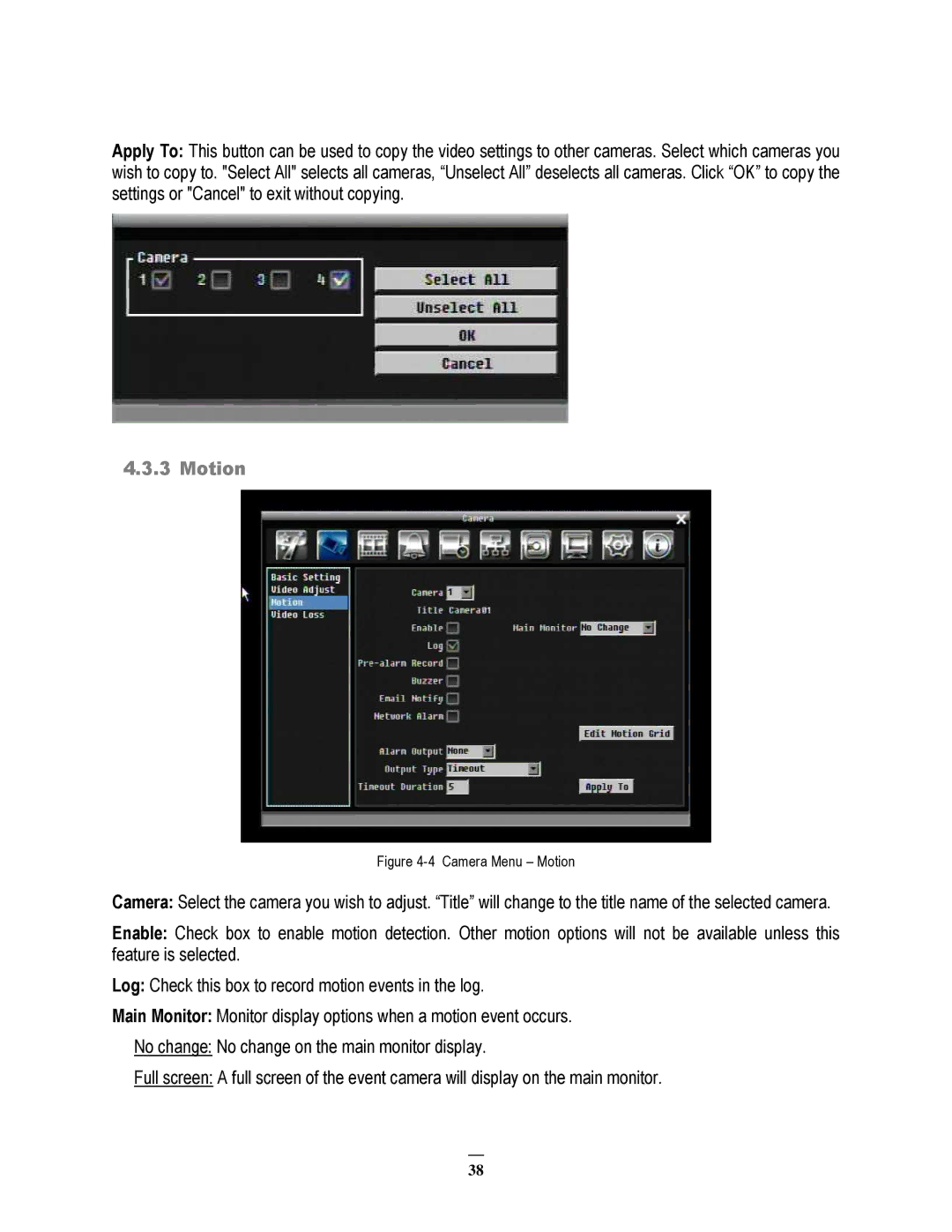 EverFocus ECOR264-4D1, ECOR264-8F1, ECOR264-8D1, ECOR264-4F1 user manual Camera Menu Motion 