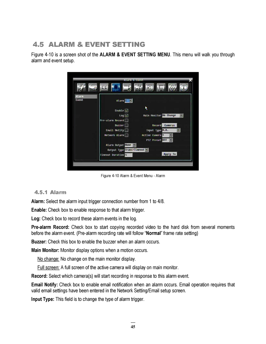 EverFocus ECOR264-8D1, ECOR264-8F1, ECOR264-4D1, ECOR264-4F1 user manual Alarm & Event Setting 