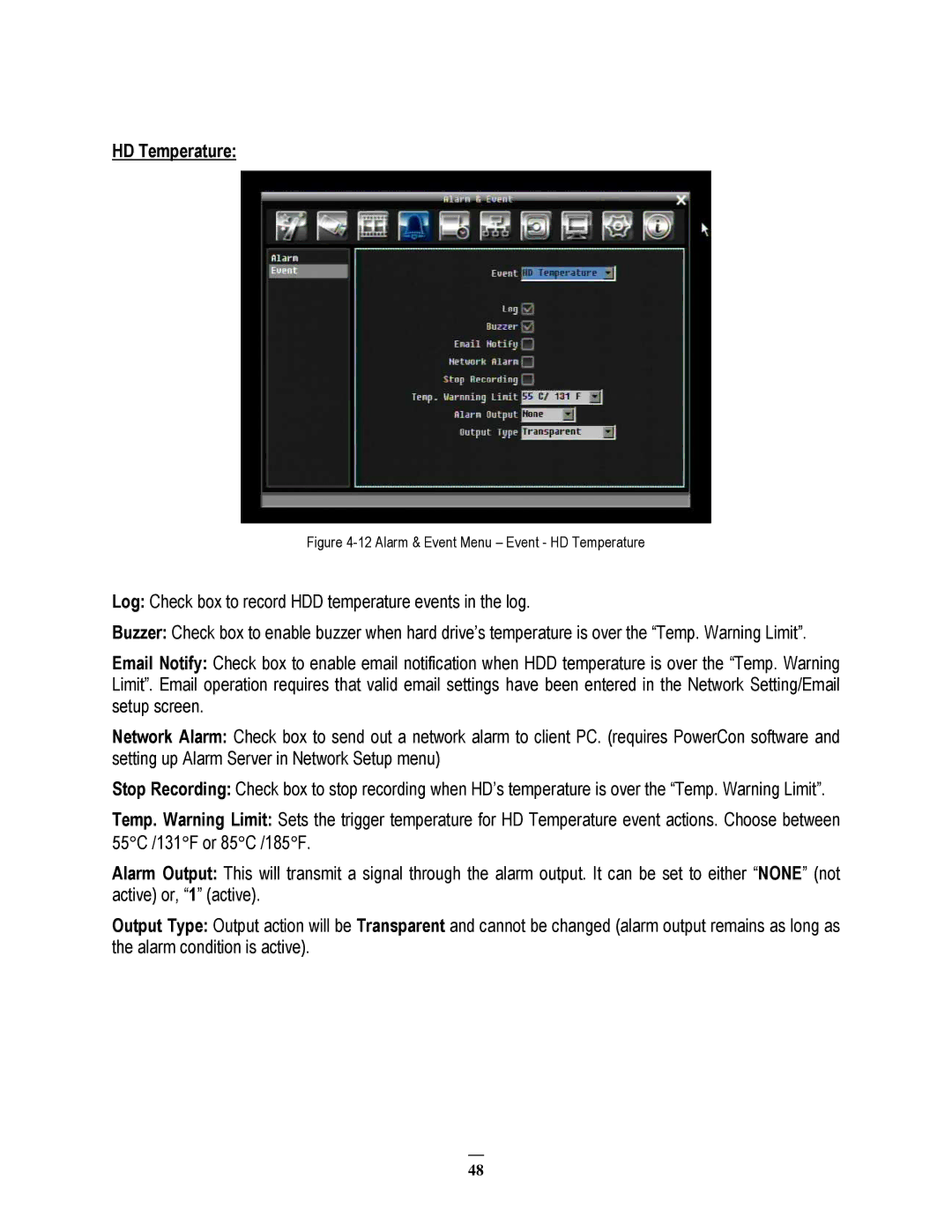 EverFocus ECOR264-8F1, ECOR264-8D1, ECOR264-4D1, ECOR264-4F1 user manual Alarm & Event Menu Event HD Temperature 