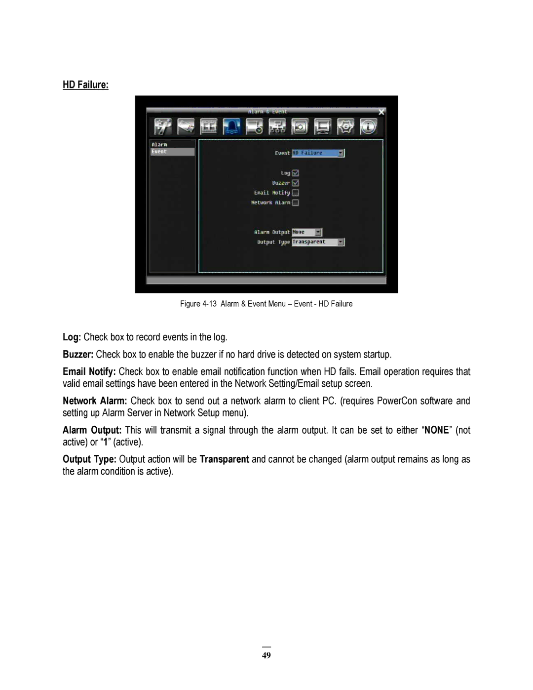 EverFocus ECOR264-8D1, ECOR264-8F1, ECOR264-4D1, ECOR264-4F1 user manual Alarm & Event Menu Event HD Failure 