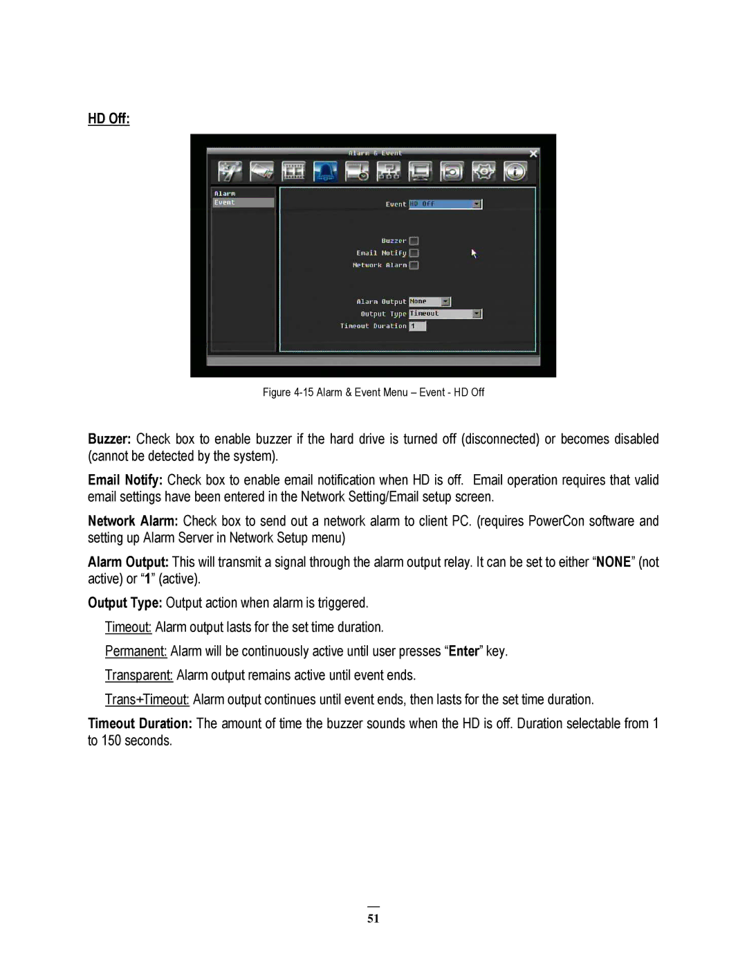 EverFocus ECOR264-4F1, ECOR264-8F1, ECOR264-8D1, ECOR264-4D1 user manual Alarm & Event Menu Event HD Off 