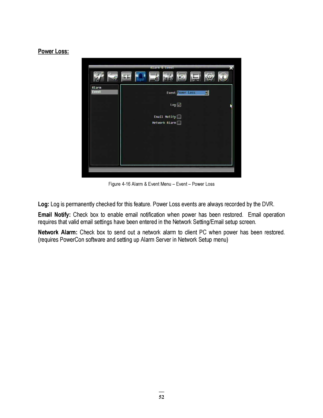 EverFocus ECOR264-8F1, ECOR264-8D1, ECOR264-4D1, ECOR264-4F1 user manual Alarm & Event Menu Event Power Loss 