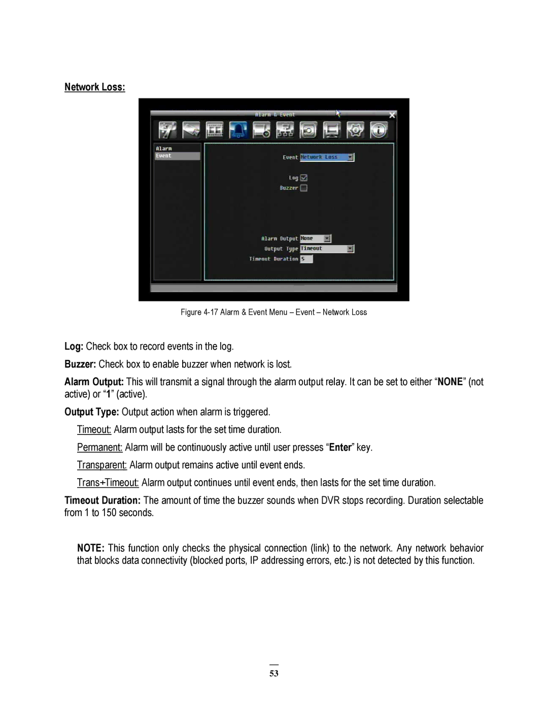 EverFocus ECOR264-8D1, ECOR264-8F1, ECOR264-4D1, ECOR264-4F1 user manual Alarm & Event Menu Event Network Loss 