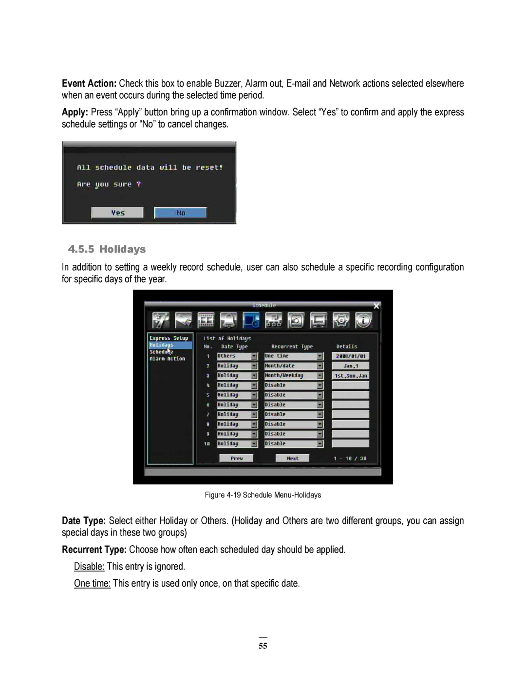 EverFocus ECOR264-4F1, ECOR264-8F1, ECOR264-8D1, ECOR264-4D1 user manual Schedule Menu-Holidays 