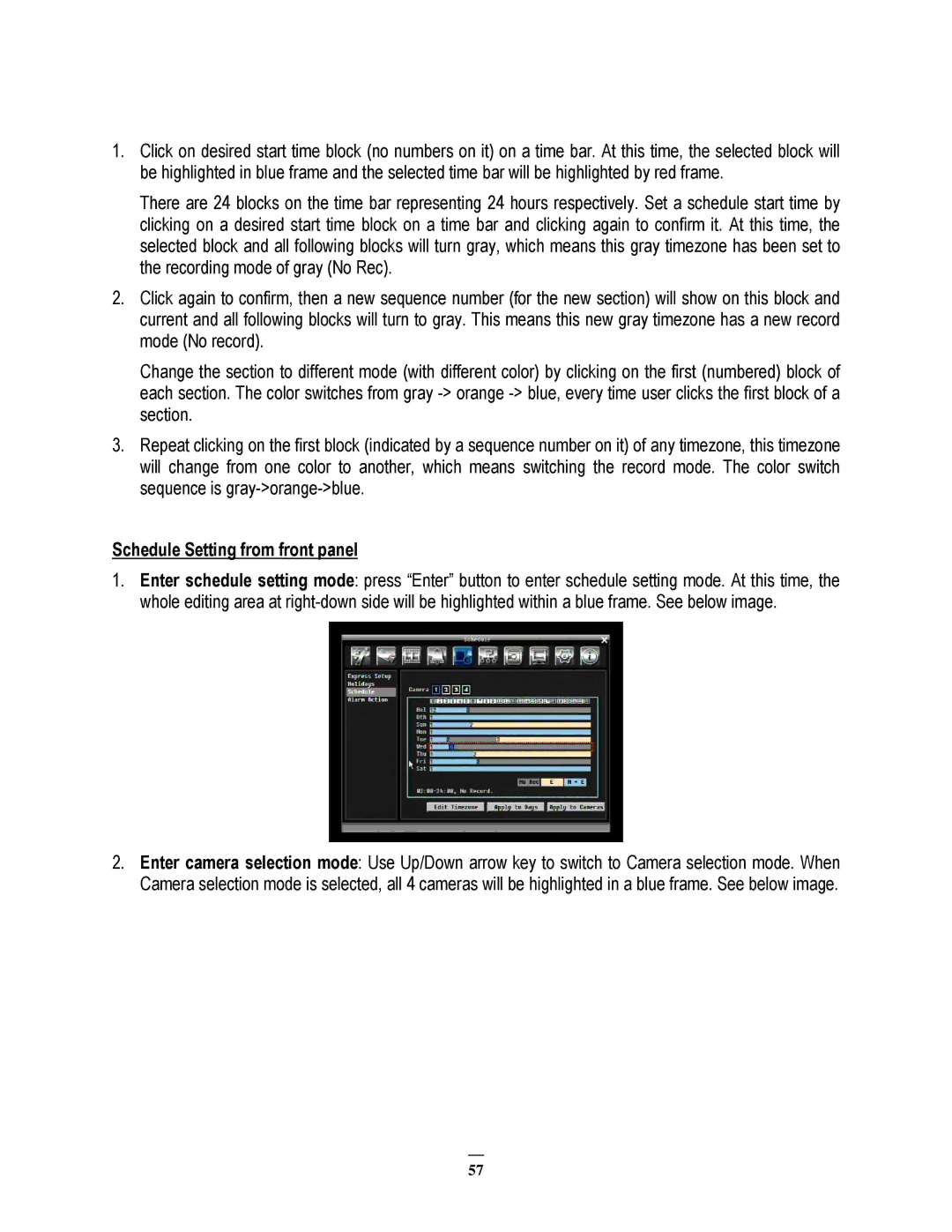 EverFocus ECOR264-8D1, ECOR264-8F1, ECOR264-4D1, ECOR264-4F1 user manual Schedule Setting from front panel 