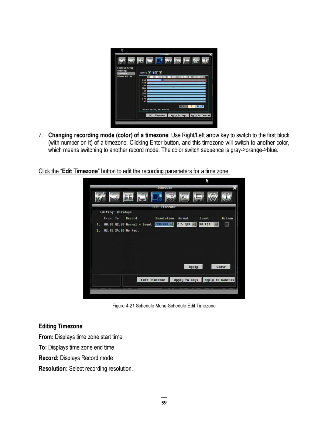 EverFocus ECOR264-4F1, ECOR264-8F1, ECOR264-8D1, ECOR264-4D1 Editing Timezone, Schedule Menu-Schedule-Edit Timezone 