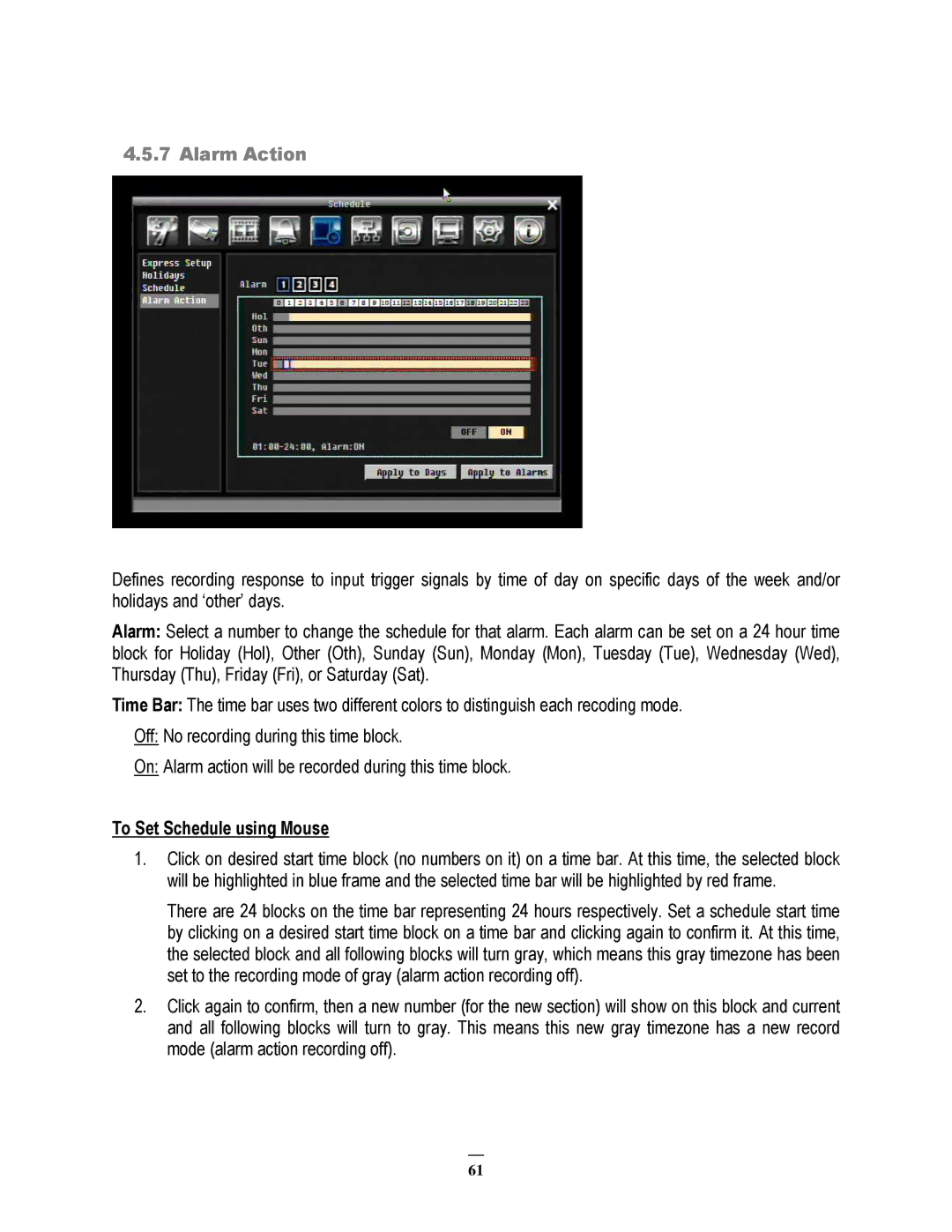 EverFocus ECOR264-8D1, ECOR264-8F1, ECOR264-4D1, ECOR264-4F1 user manual Alarm Action, To Set Schedule using Mouse 