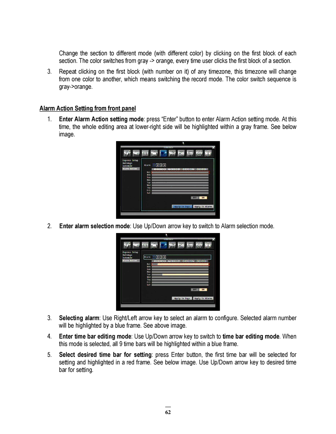 EverFocus ECOR264-4D1, ECOR264-8F1, ECOR264-8D1, ECOR264-4F1 user manual Alarm Action Setting from front panel 