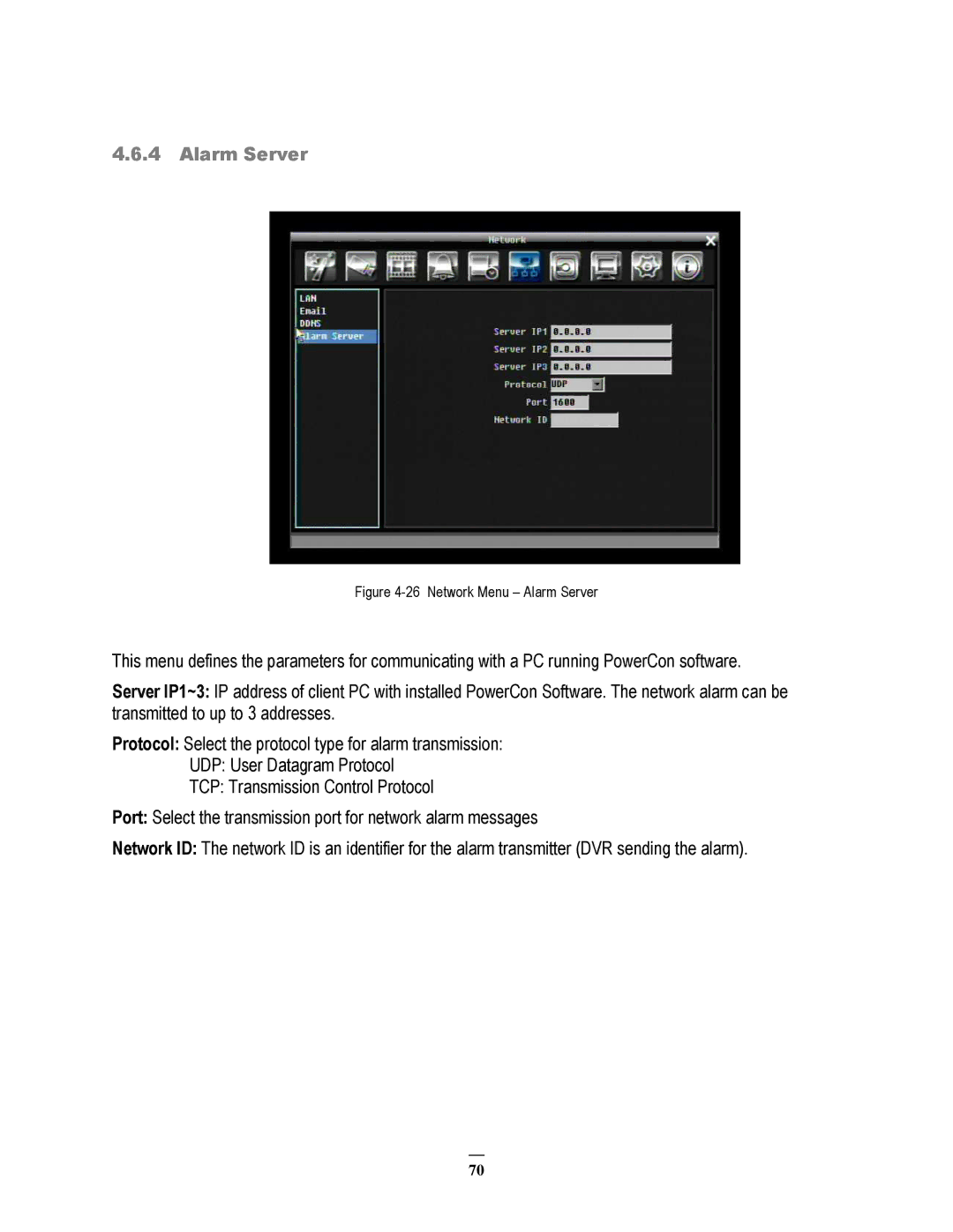 EverFocus ECOR264-4D1, ECOR264-8F1, ECOR264-8D1, ECOR264-4F1 user manual Network Menu Alarm Server 