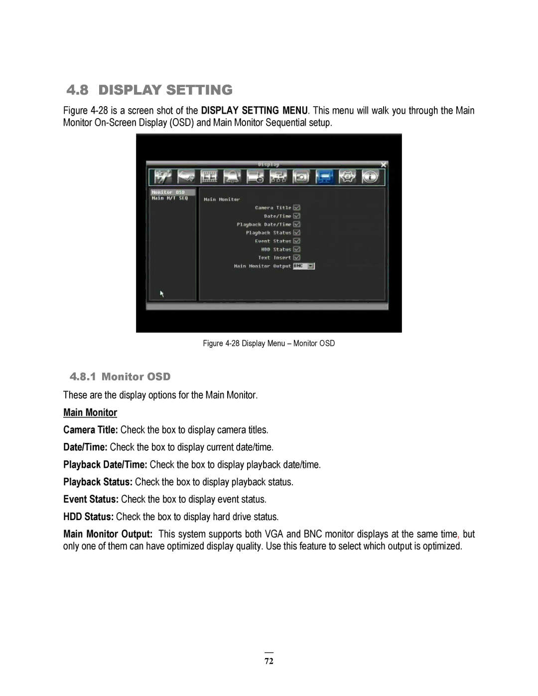 EverFocus ECOR264-8F1, ECOR264-8D1, ECOR264-4D1, ECOR264-4F1 user manual Display Setting, Monitor OSD, Main Monitor 