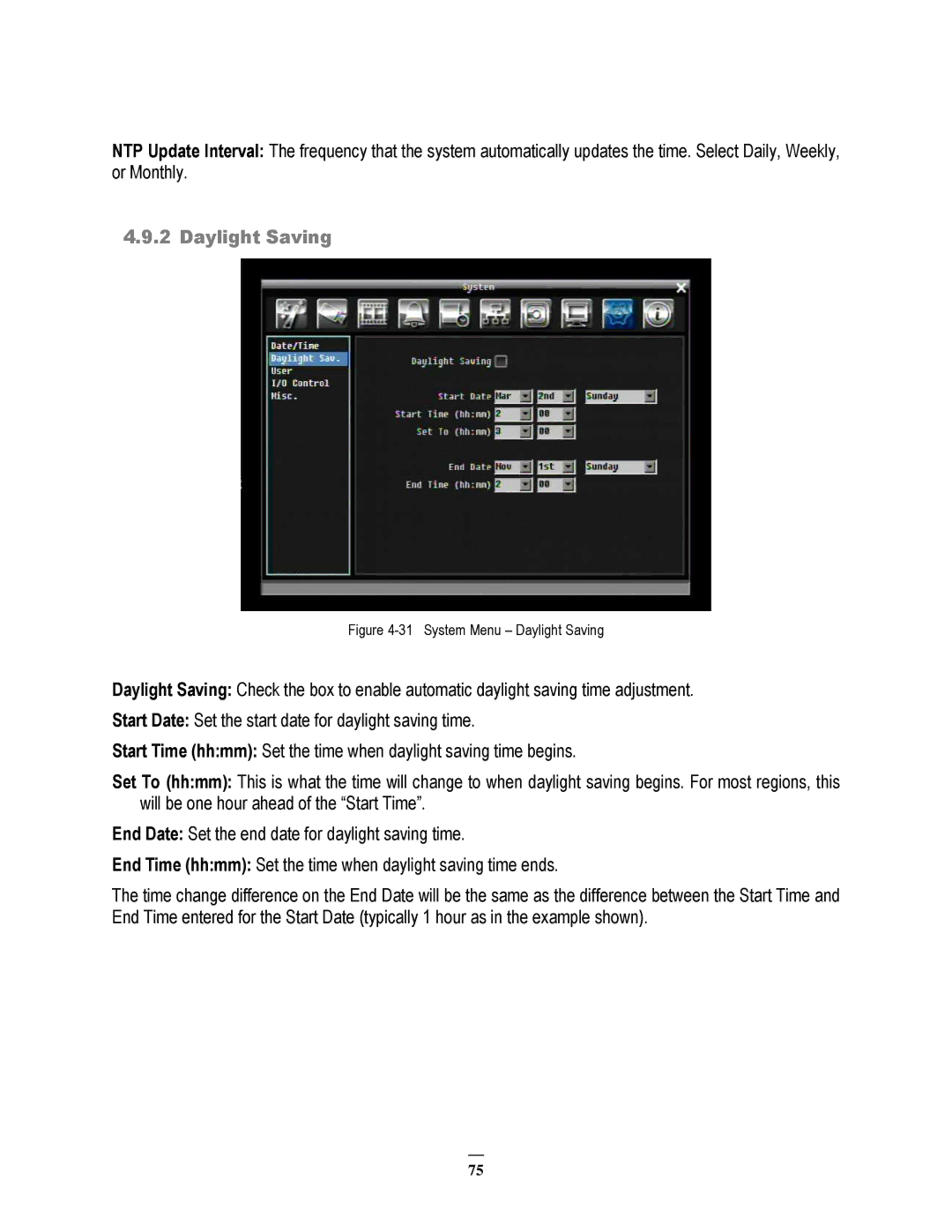 EverFocus ECOR264-4F1, ECOR264-8F1, ECOR264-8D1, ECOR264-4D1 user manual System Menu Daylight Saving 