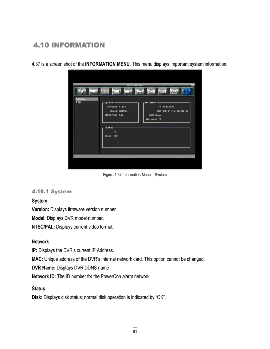 EverFocus ECOR264-8D1, ECOR264-8F1, ECOR264-4D1, ECOR264-4F1 user manual Information, System, Network, Status 