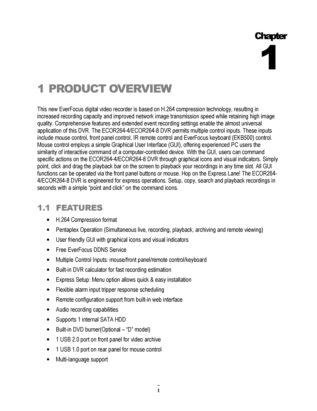 EverFocus ECOR264-8D1, ECOR264-8F1, ECOR264-4D1, ECOR264-4F1 user manual Product Overview, Features 