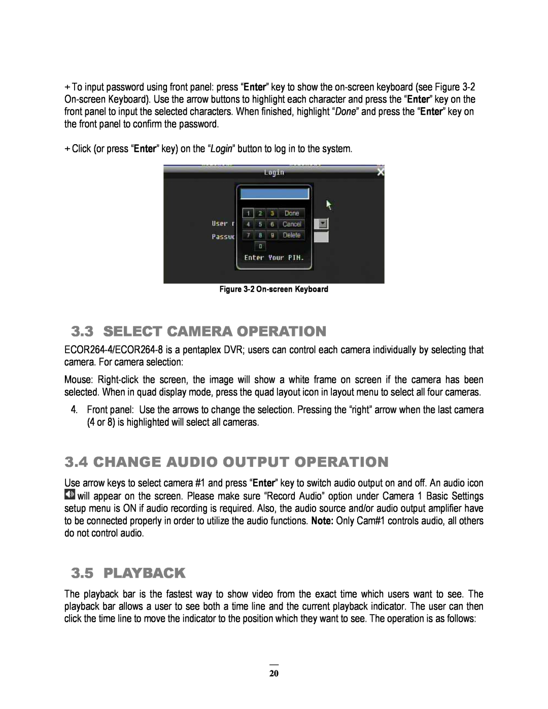 EverFocus ECOR264-8F1, ECOR264-8D1 Select Camera Operation, Change Audio Output Operation, Playback, 2 On-screen Keyboard 