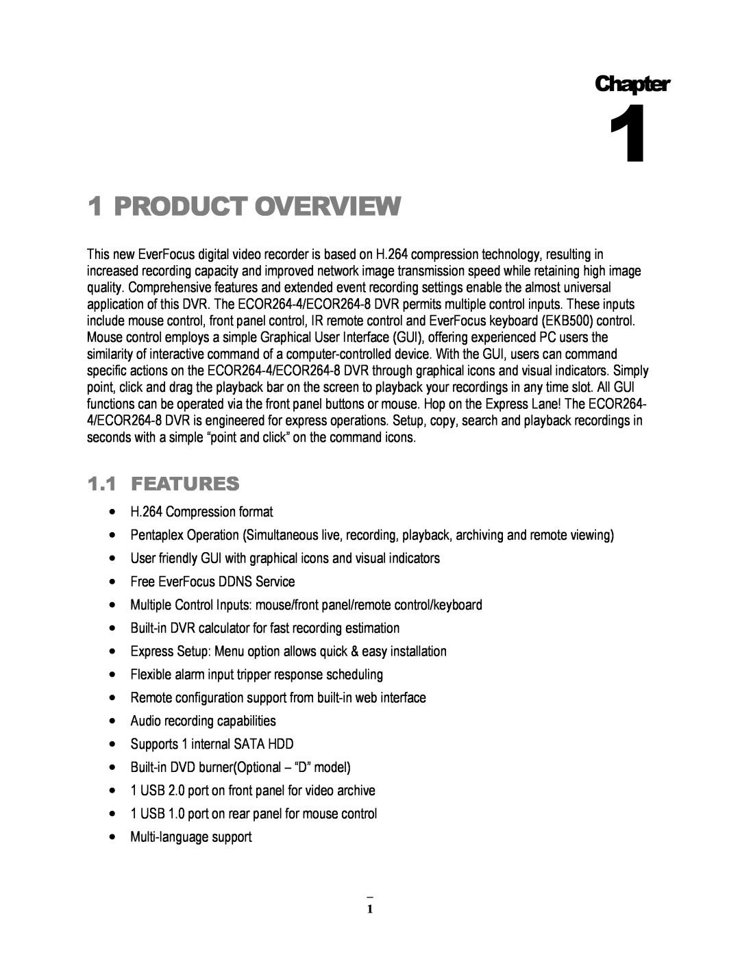 EverFocus ECOR264-8D1, ECOR264-8F1, ECOR264-4D1, ECOR264-4F1 user manual Product Overview, Chapter, Features 