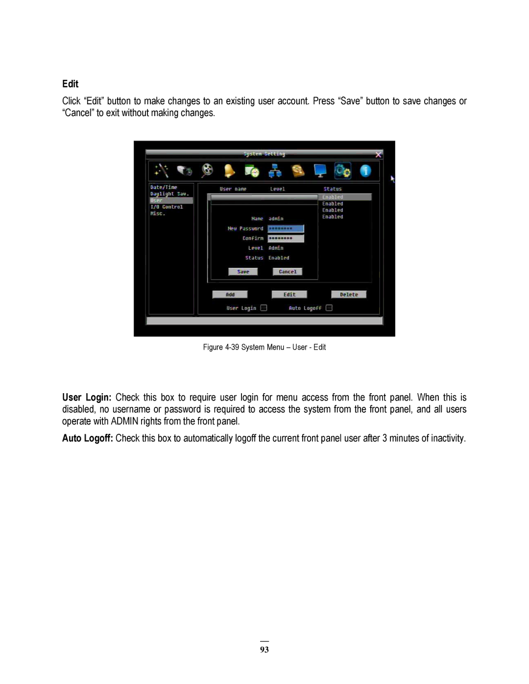 EverFocus ECOR264-16X1, ECOR264-9X1, ECOR264-4X1 user manual System Menu User Edit 