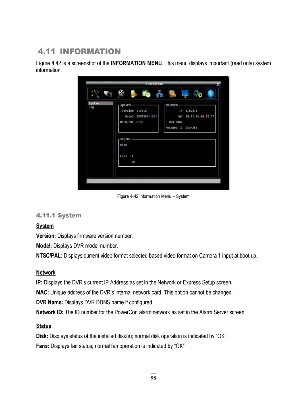 EverFocus ECOR264-4X1, ECOR264-9X1, ECOR264-16X1 user manual Information, System, Network, Status 