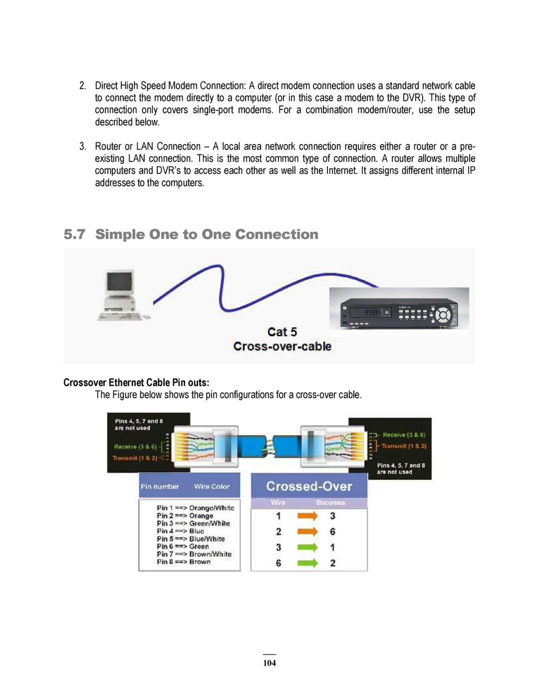 EverFocus ECOR264-4X1, ECOR264-9X1, ECOR264-16X1 user manual Simple One to One Connection, Crossover Ethernet Cable Pin outs 