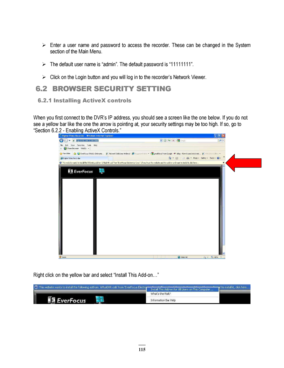 EverFocus ECOR264-9X1, ECOR264-4X1, ECOR264-16X1 user manual Browser Security Setting, Installing ActiveX controls 