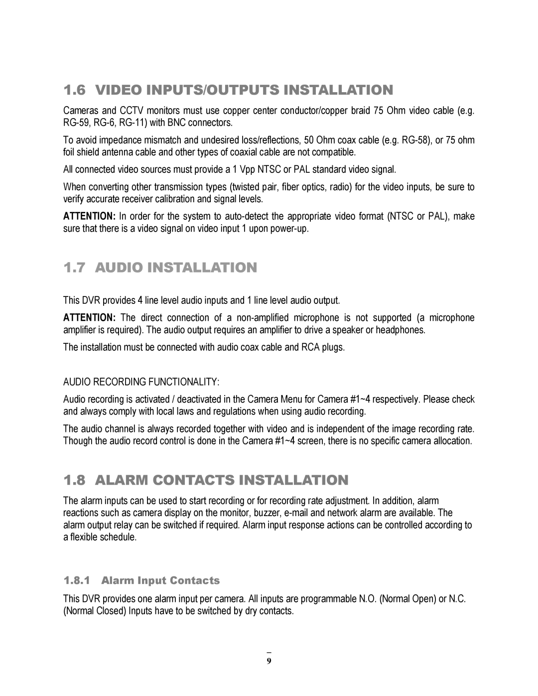 EverFocus ECOR264-16X1, ECOR264-9X1 Video INPUTS/OUTPUTS Installation, Alarm Contacts Installation, Alarm Input Contacts 