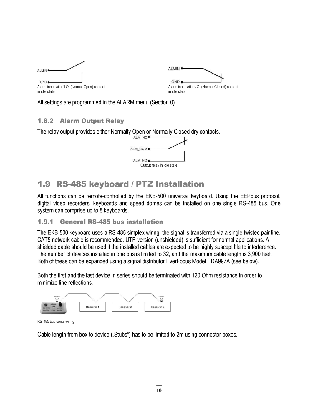 EverFocus ECOR264-9X1, ECOR264-4X1 RS-485 keyboard / PTZ Installation, Alarm Output Relay, General RS-485 bus installation 