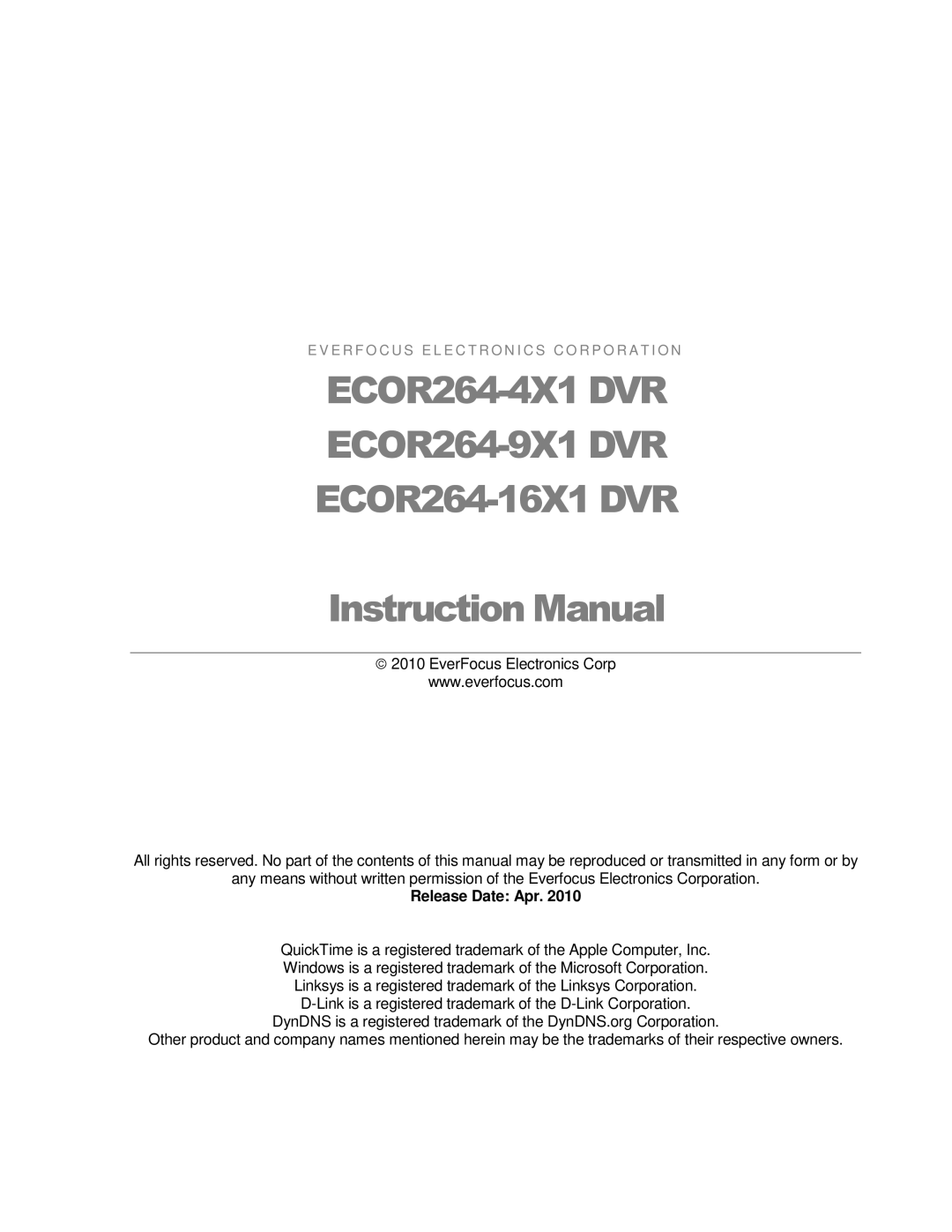 EverFocus ECOR264-16X1 user manual ECOR264-4X1 DVR ECOR264-9X1 DVR 