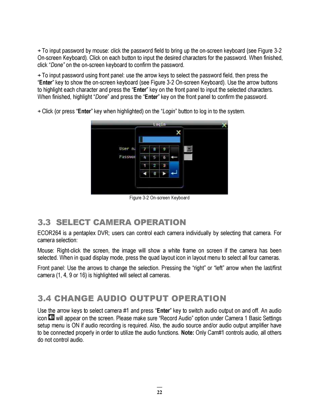 EverFocus ECOR264-9X1, ECOR264-4X1, ECOR264-16X1 user manual Select Camera Operation, Change Audio Output Operation 