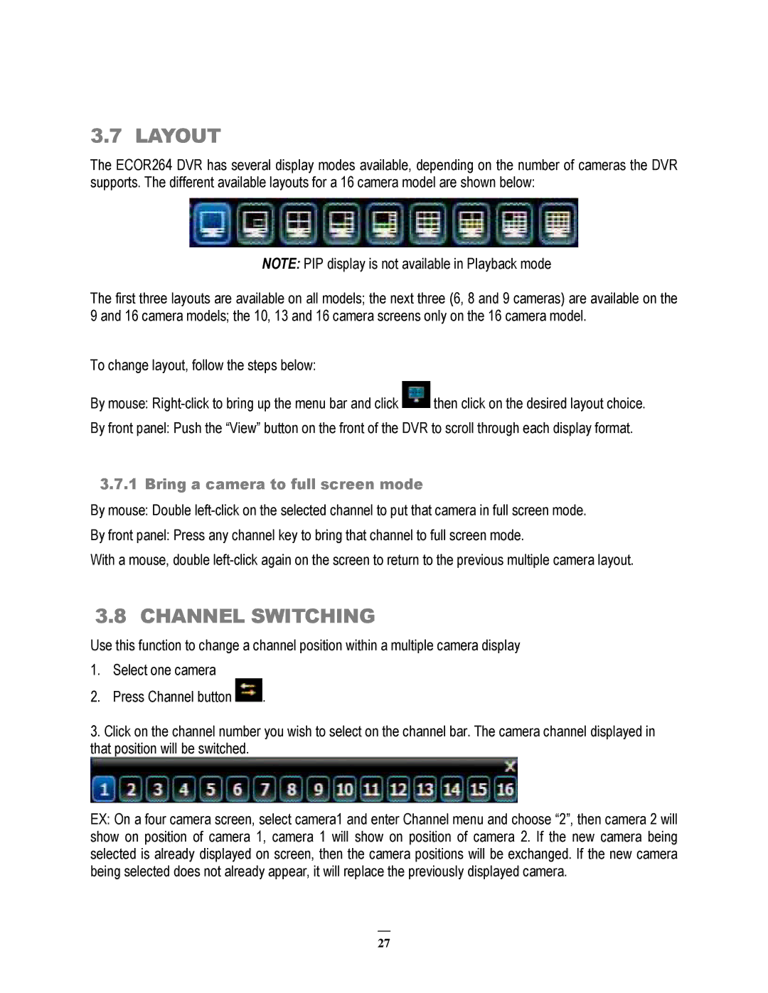 EverFocus ECOR264-16X1, ECOR264-9X1, ECOR264-4X1 user manual Layout, Channel Switching, Bring a camera to full screen mode 