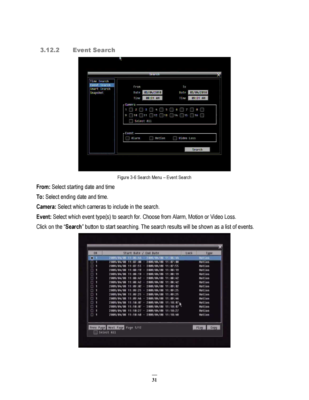 EverFocus ECOR264-9X1, ECOR264-4X1, ECOR264-16X1 user manual Search Menu Event Search 