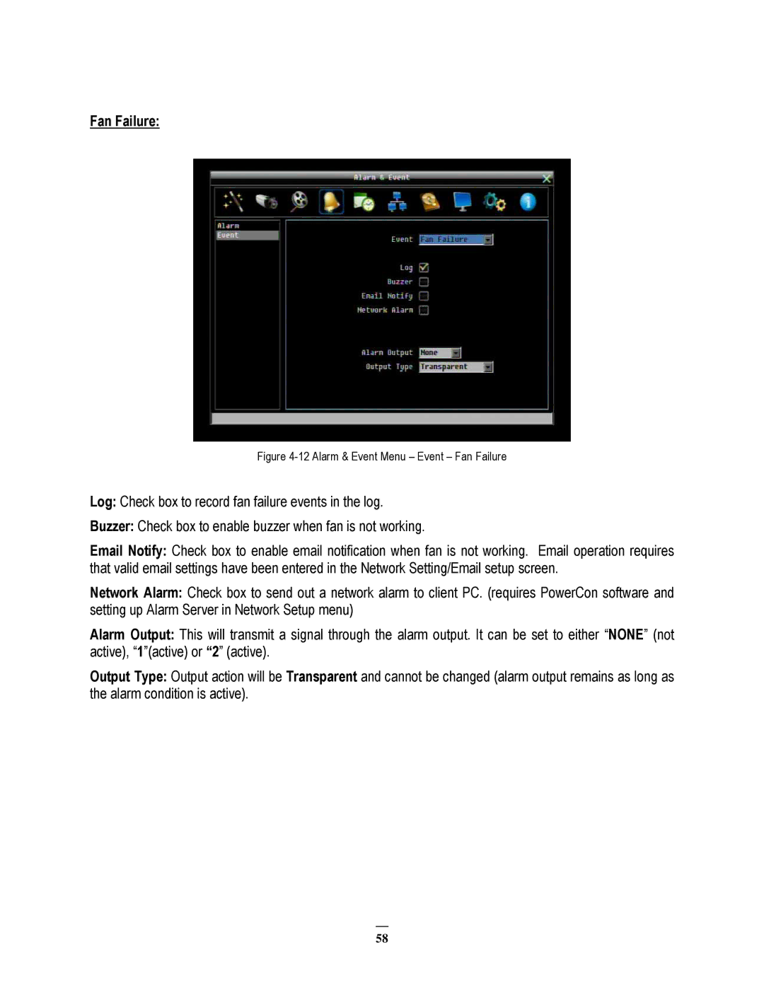 EverFocus ECOR264-9X1, ECOR264-4X1, ECOR264-16X1 user manual Alarm & Event Menu Event Fan Failure 