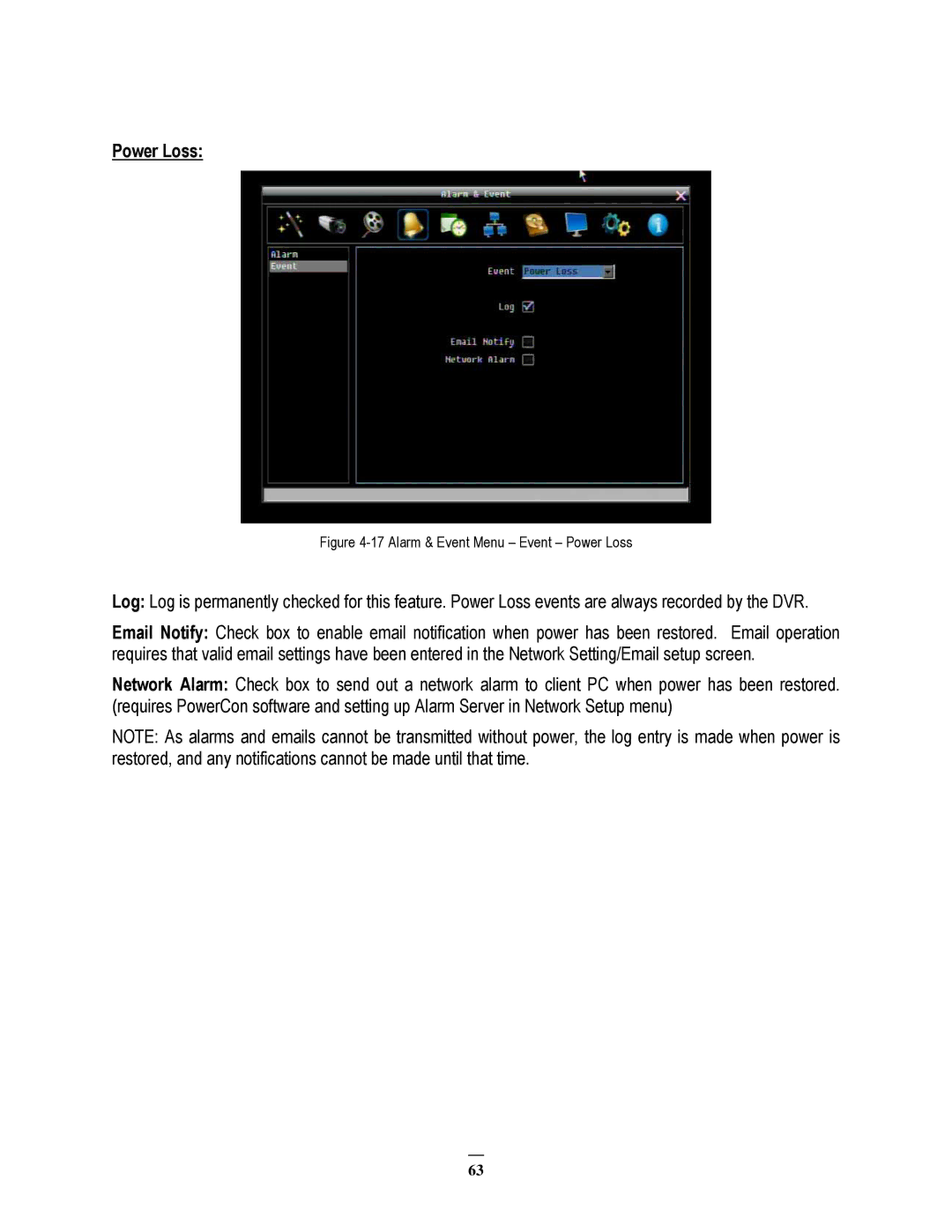 EverFocus ECOR264-16X1, ECOR264-9X1, ECOR264-4X1 user manual Alarm & Event Menu Event Power Loss 