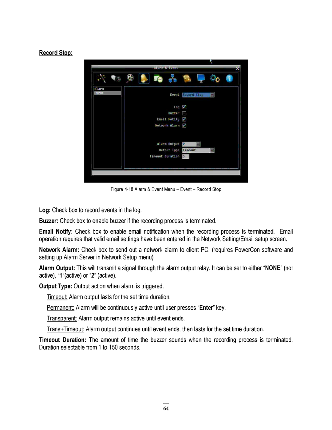 EverFocus ECOR264-9X1, ECOR264-4X1, ECOR264-16X1 user manual Alarm & Event Menu Event Record Stop 