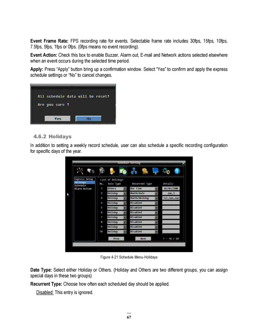 EverFocus ECOR264-9X1, ECOR264-4X1, ECOR264-16X1 user manual Schedule Menu-Holidays 