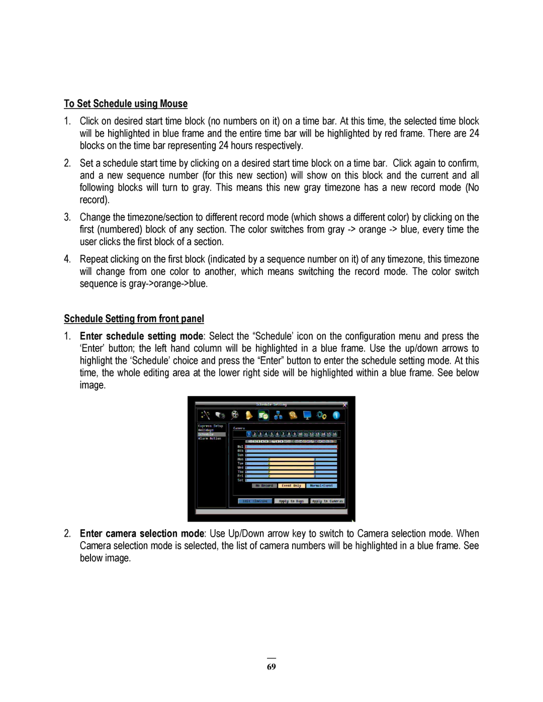 EverFocus ECOR264-16X1, ECOR264-9X1, ECOR264-4X1 user manual To Set Schedule using Mouse, Schedule Setting from front panel 