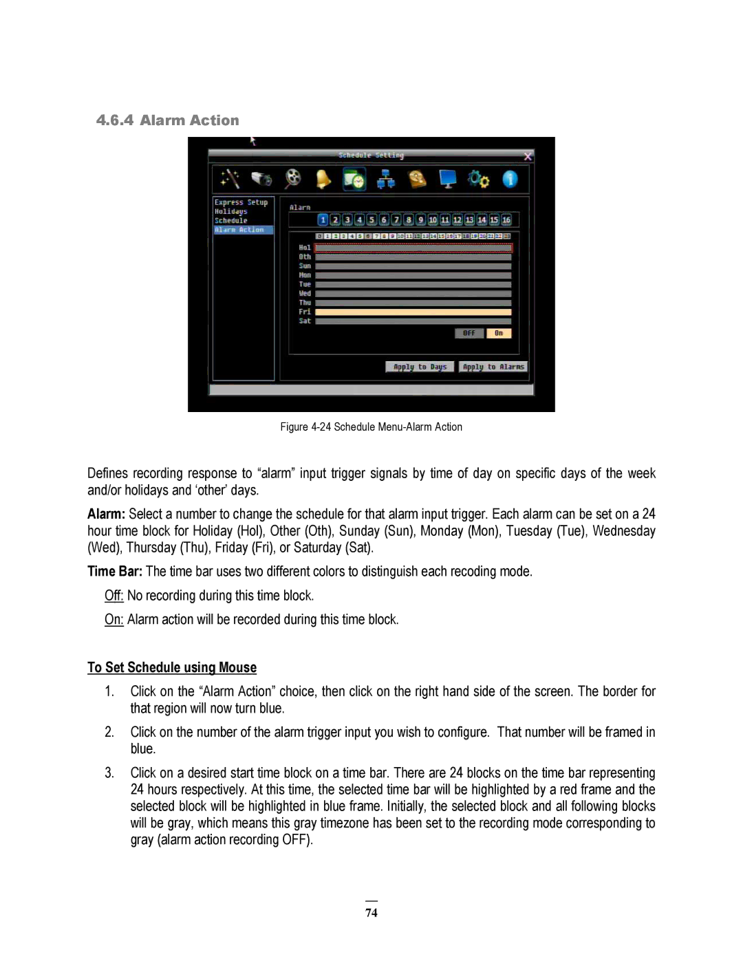 EverFocus ECOR264-4X1, ECOR264-9X1, ECOR264-16X1 user manual Schedule Menu-Alarm Action 