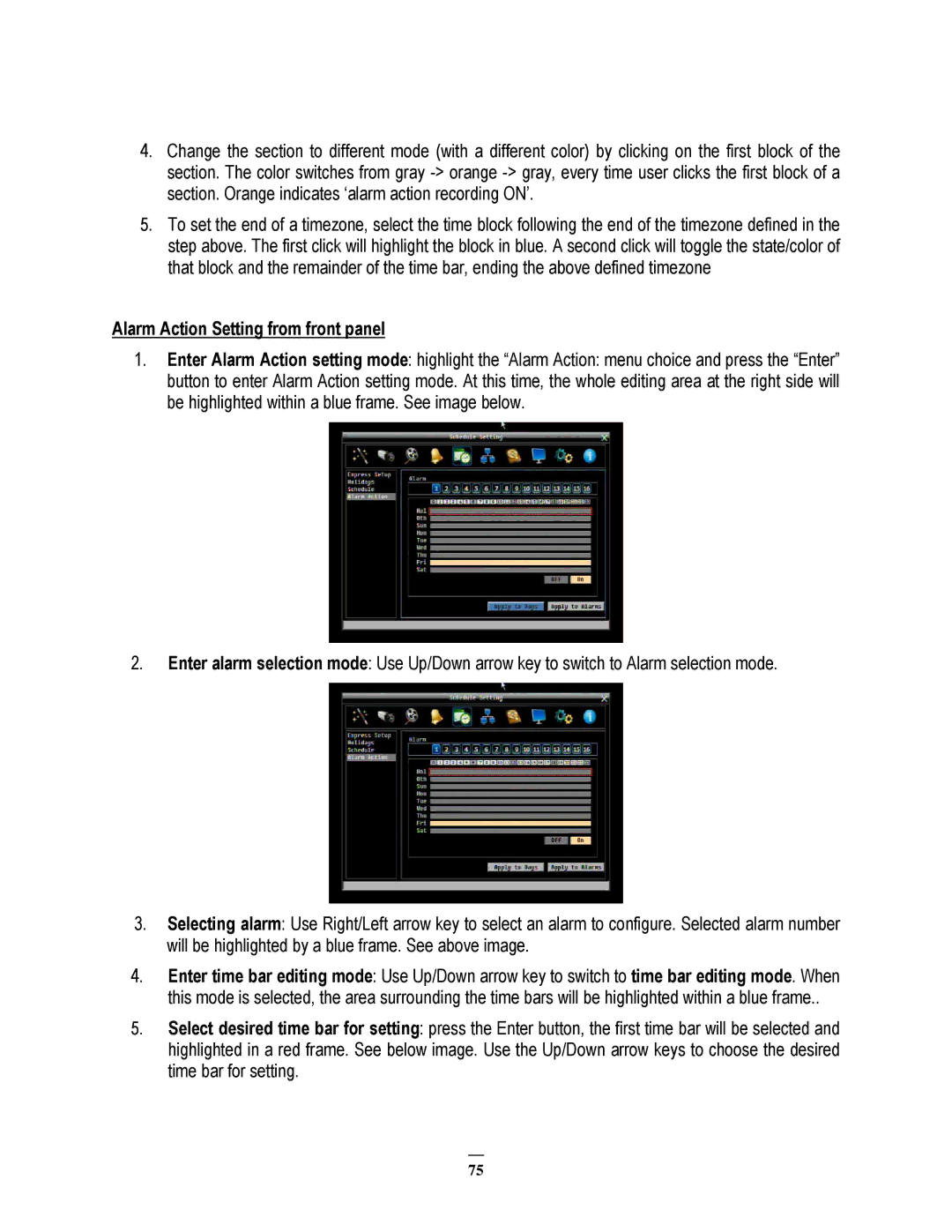 EverFocus ECOR264-16X1, ECOR264-9X1, ECOR264-4X1 user manual Alarm Action Setting from front panel 