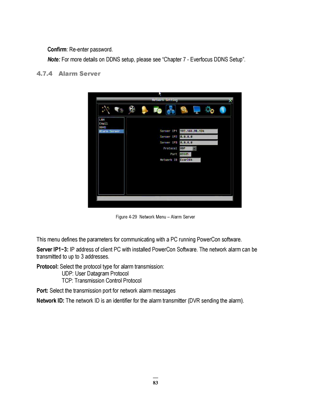 EverFocus ECOR264-4X1, ECOR264-9X1, ECOR264-16X1 user manual Network Menu Alarm Server 