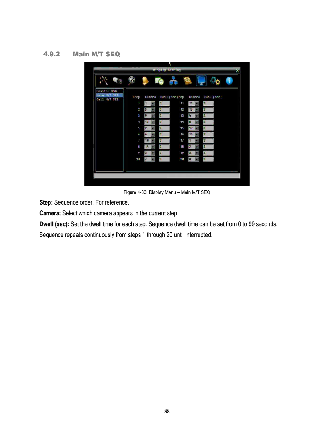 EverFocus ECOR264-9X1, ECOR264-4X1, ECOR264-16X1 user manual Display Menu Main M/T SEQ 