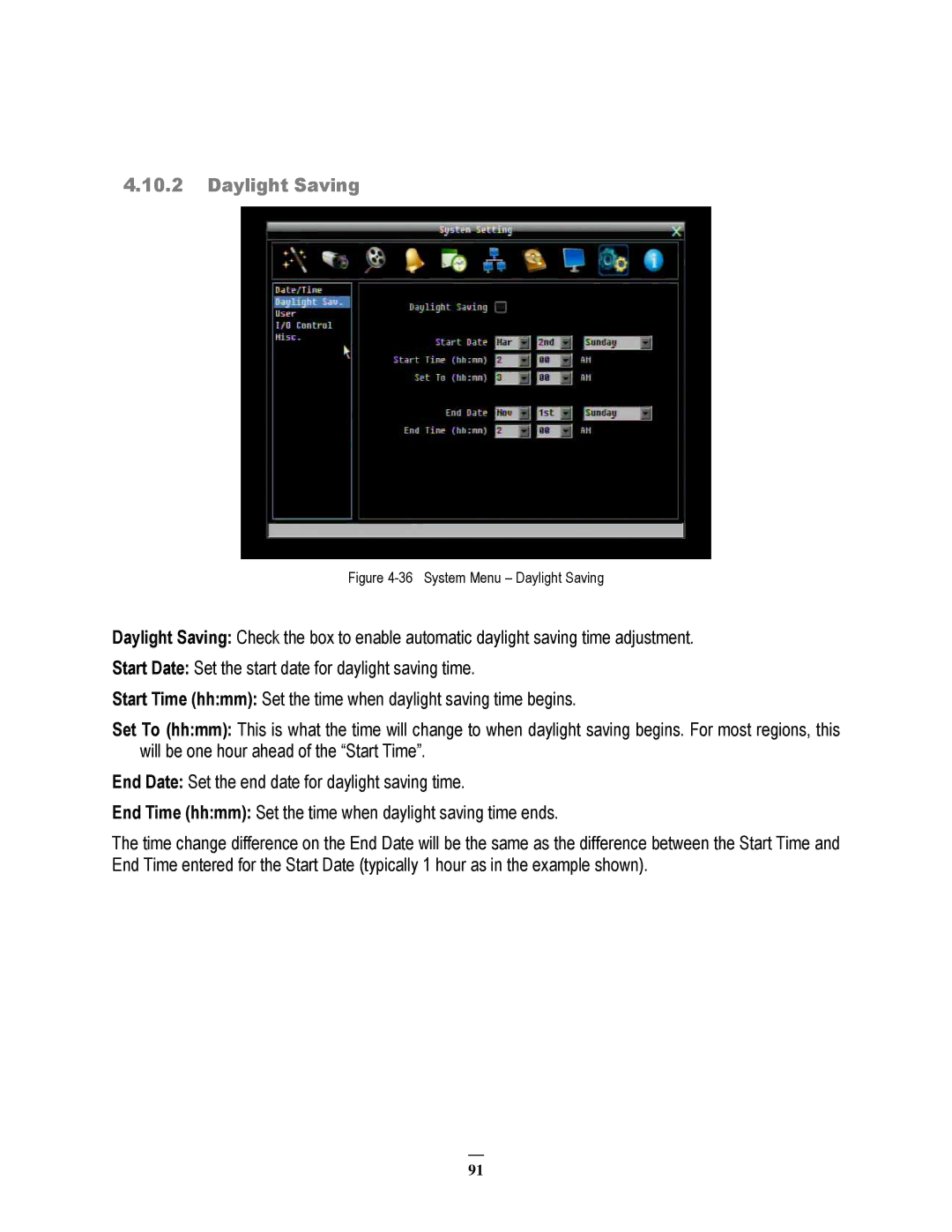 EverFocus ECOR264-9X1, ECOR264-4X1, ECOR264-16X1 user manual System Menu Daylight Saving 