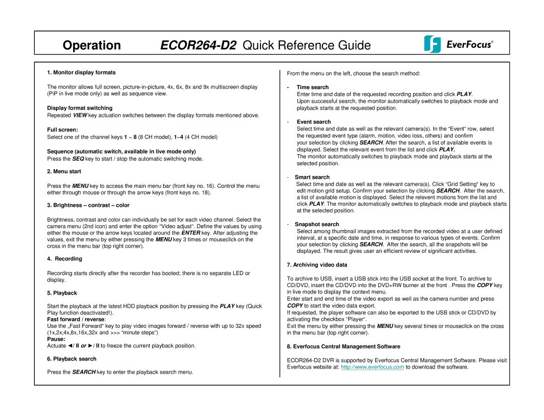 EverFocus manual Operation ECOR264-D2Quick Reference Guide 