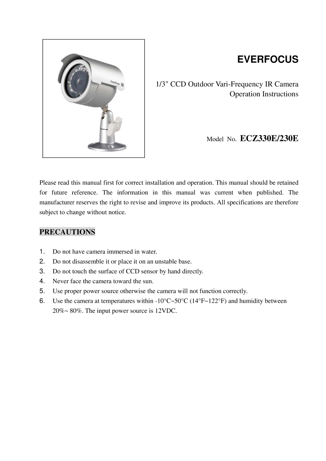 EverFocus ECZ230E, ECZ330E specifications Everfocus, Precautions 