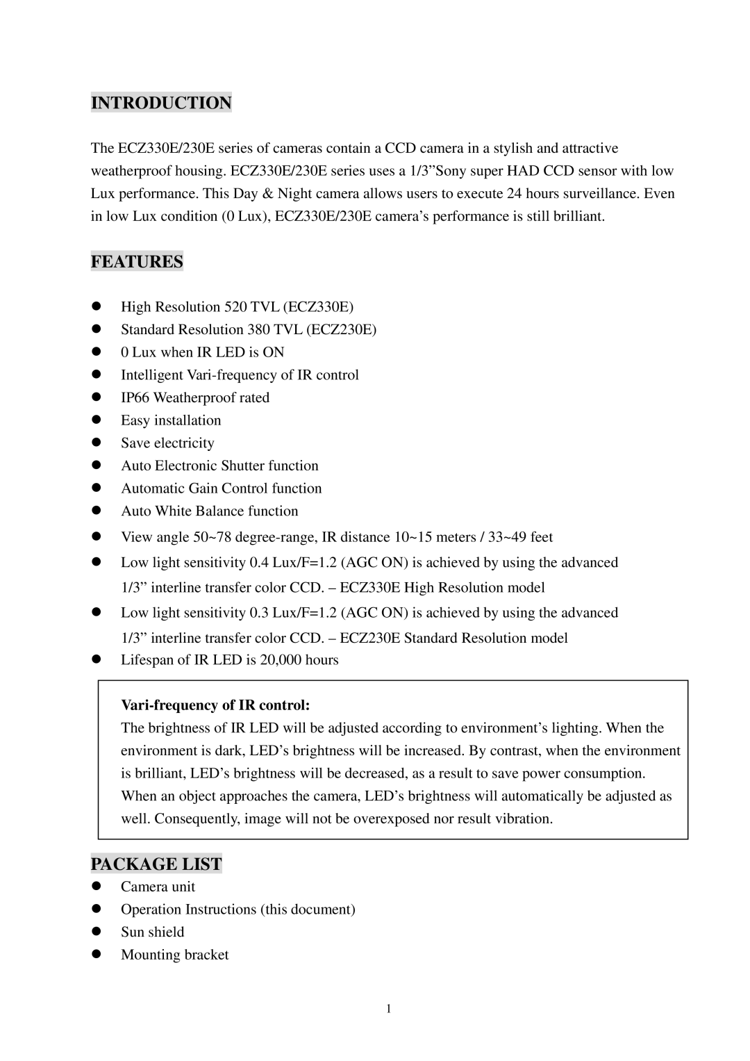 EverFocus ECZ330E, ECZ230E specifications Introduction, Features, Package List, Vari-frequency of IR control 