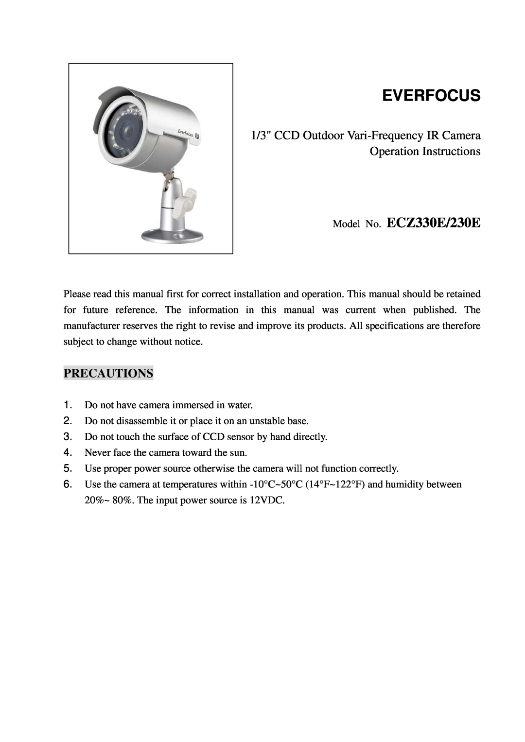 EverFocus ECZ230E specifications Precautions, Everfocus, Model No. ECZ330E/230E 